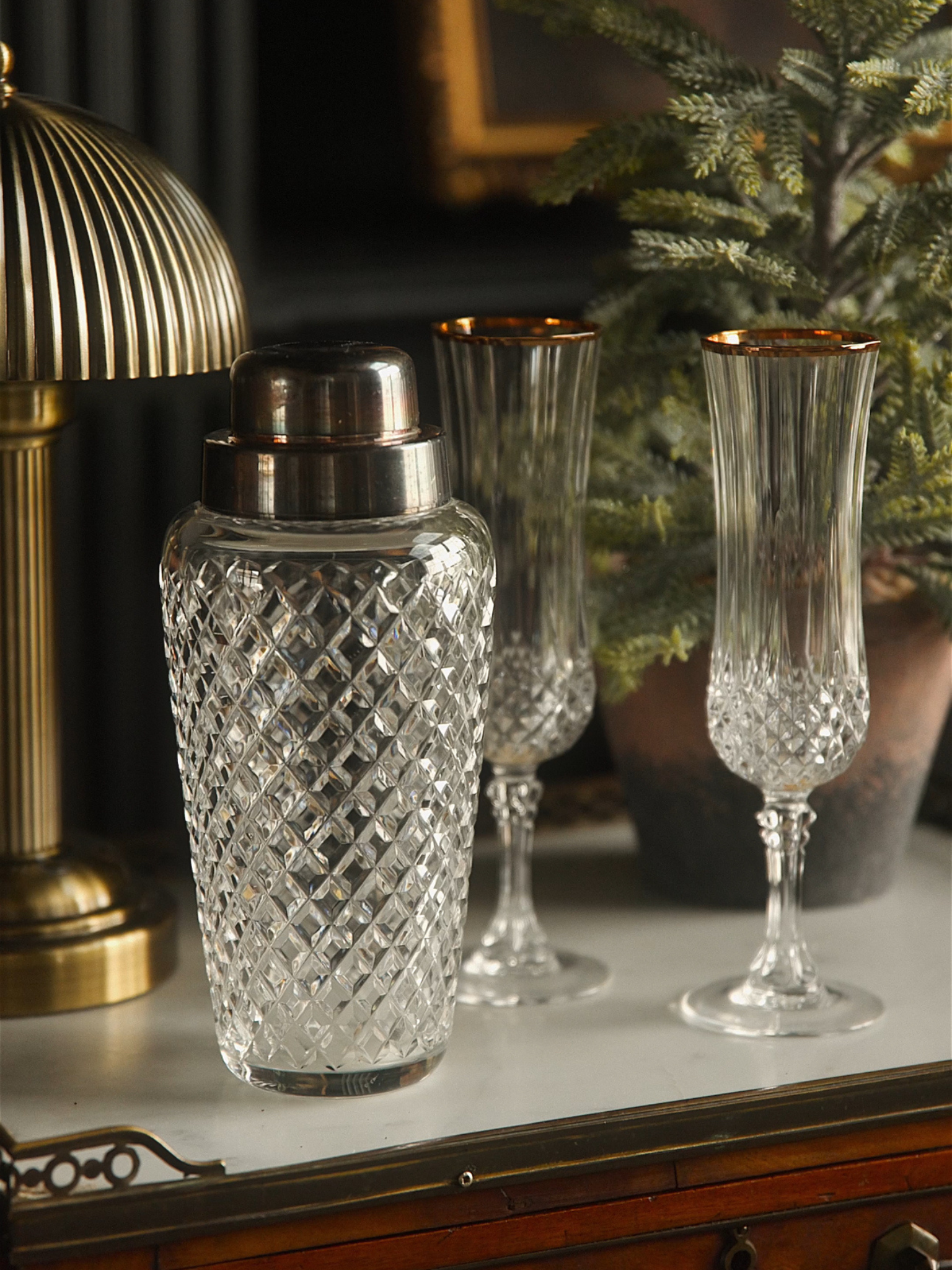 Cut Glass Cocktail Shaker with Silver-Plated Top
