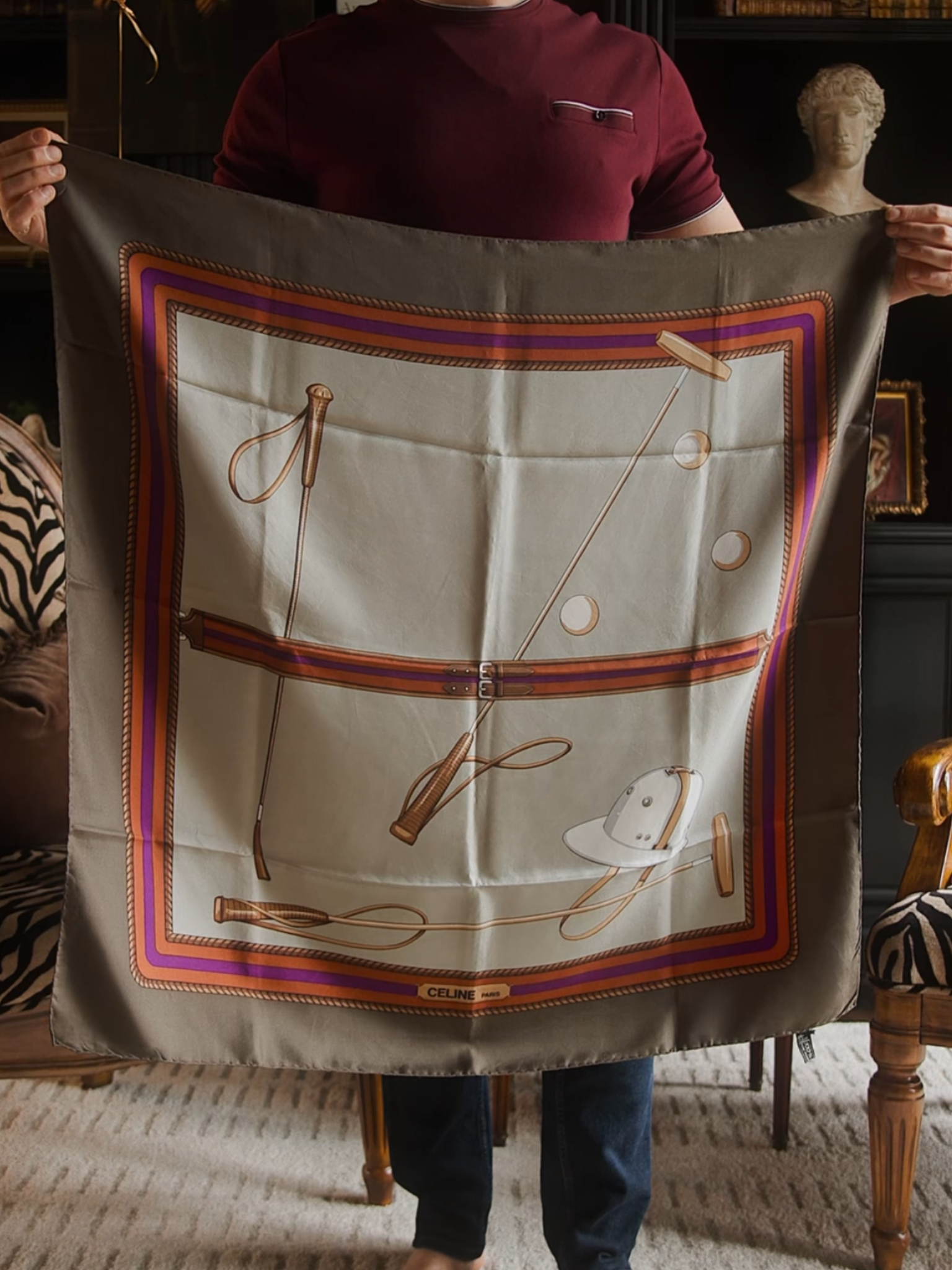 Vintage Silk Celine Scarf with Equestrian Polo Design