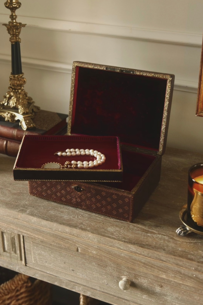 19th Century French Tooled Leather Jewlery Box with Removable Interior Tray