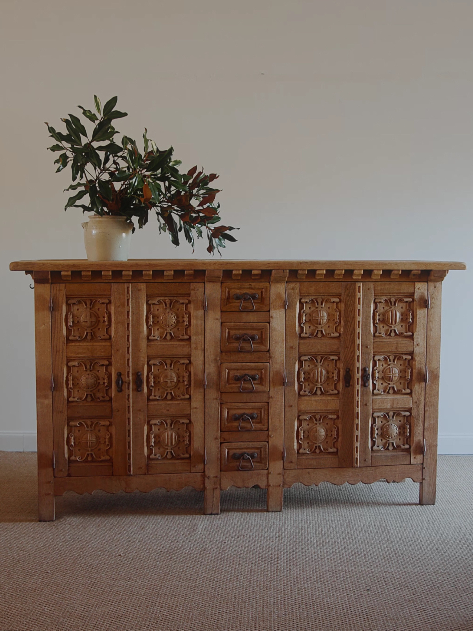 Spanish Renaissance Revival Carved Oak Sideboard with Original Key