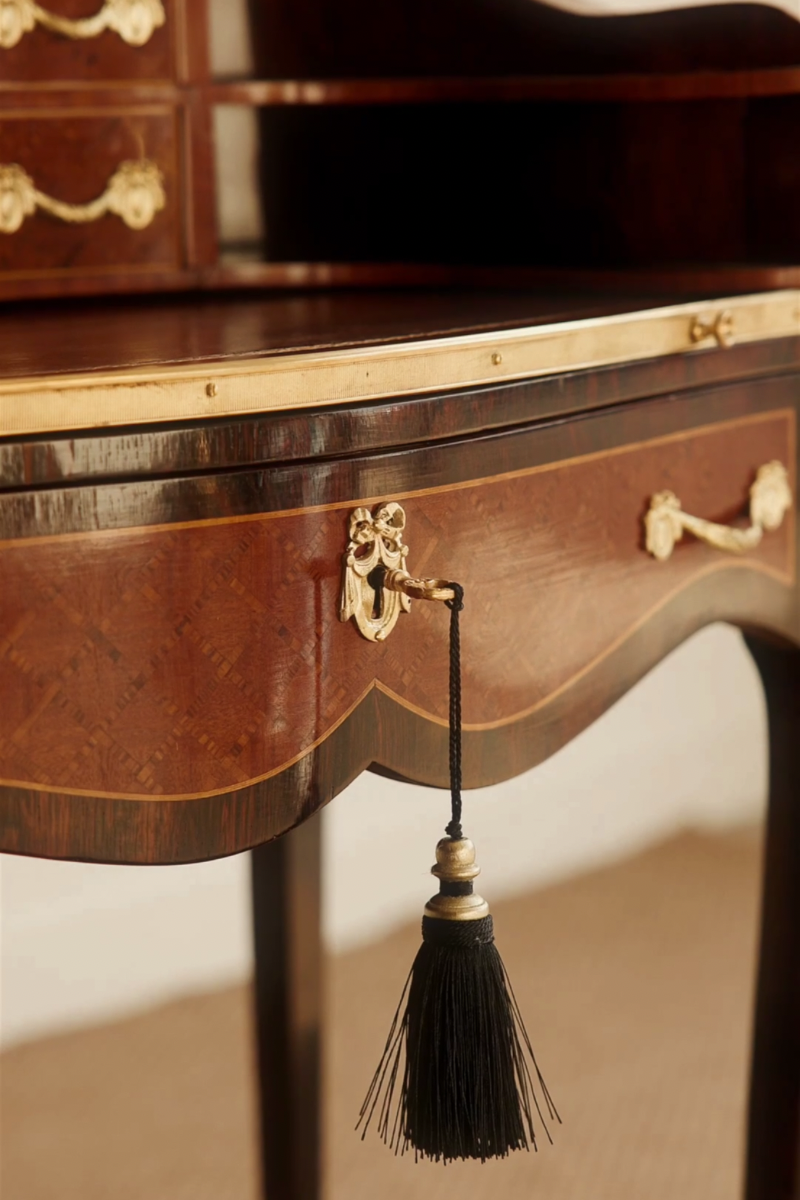19th Century French Louis XV–Style Marquetry Writing Desk with Marble Gallery Top
