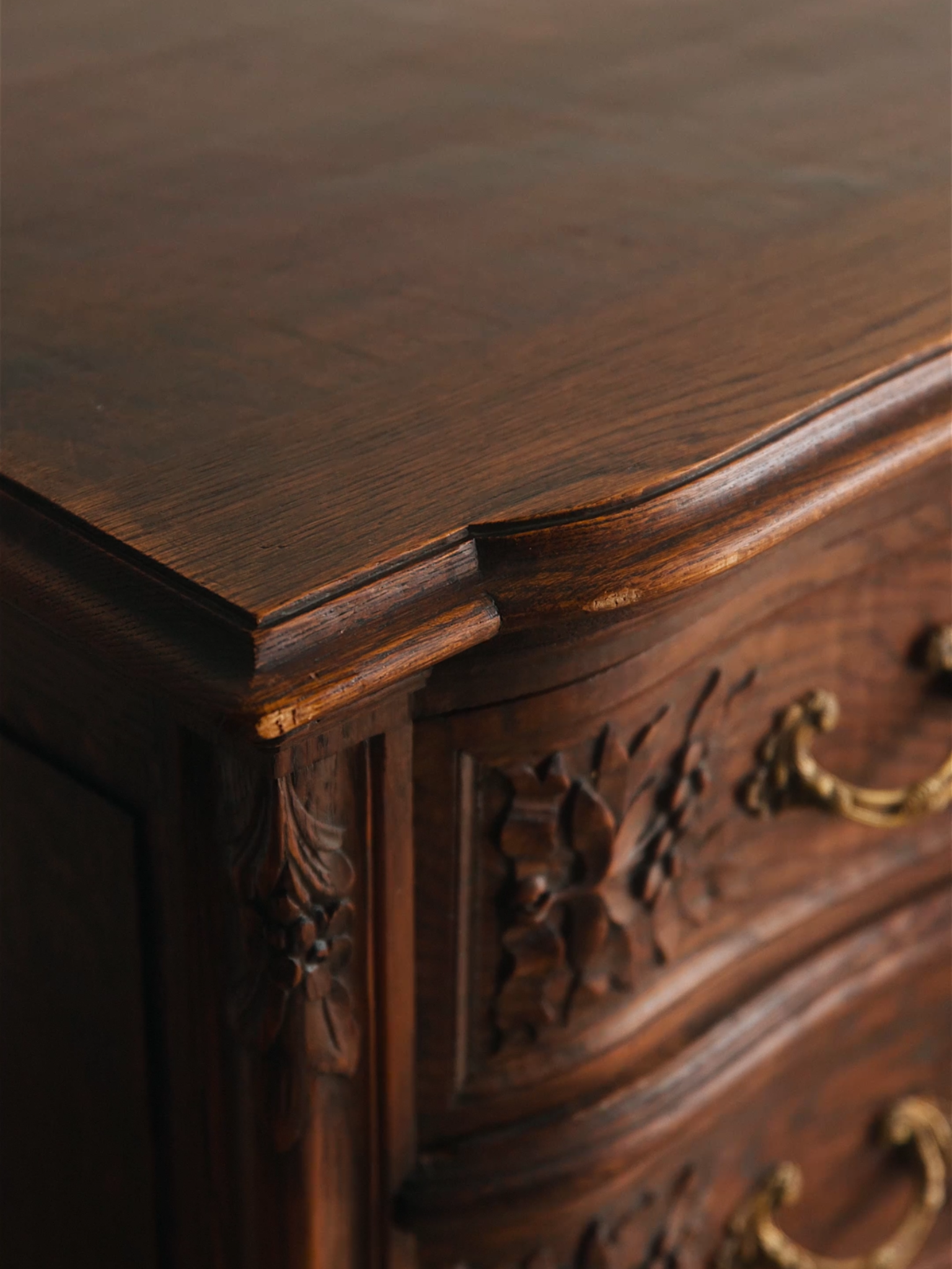 French Louis XV–Style Carved Oak Commode With Ormolu Mounts