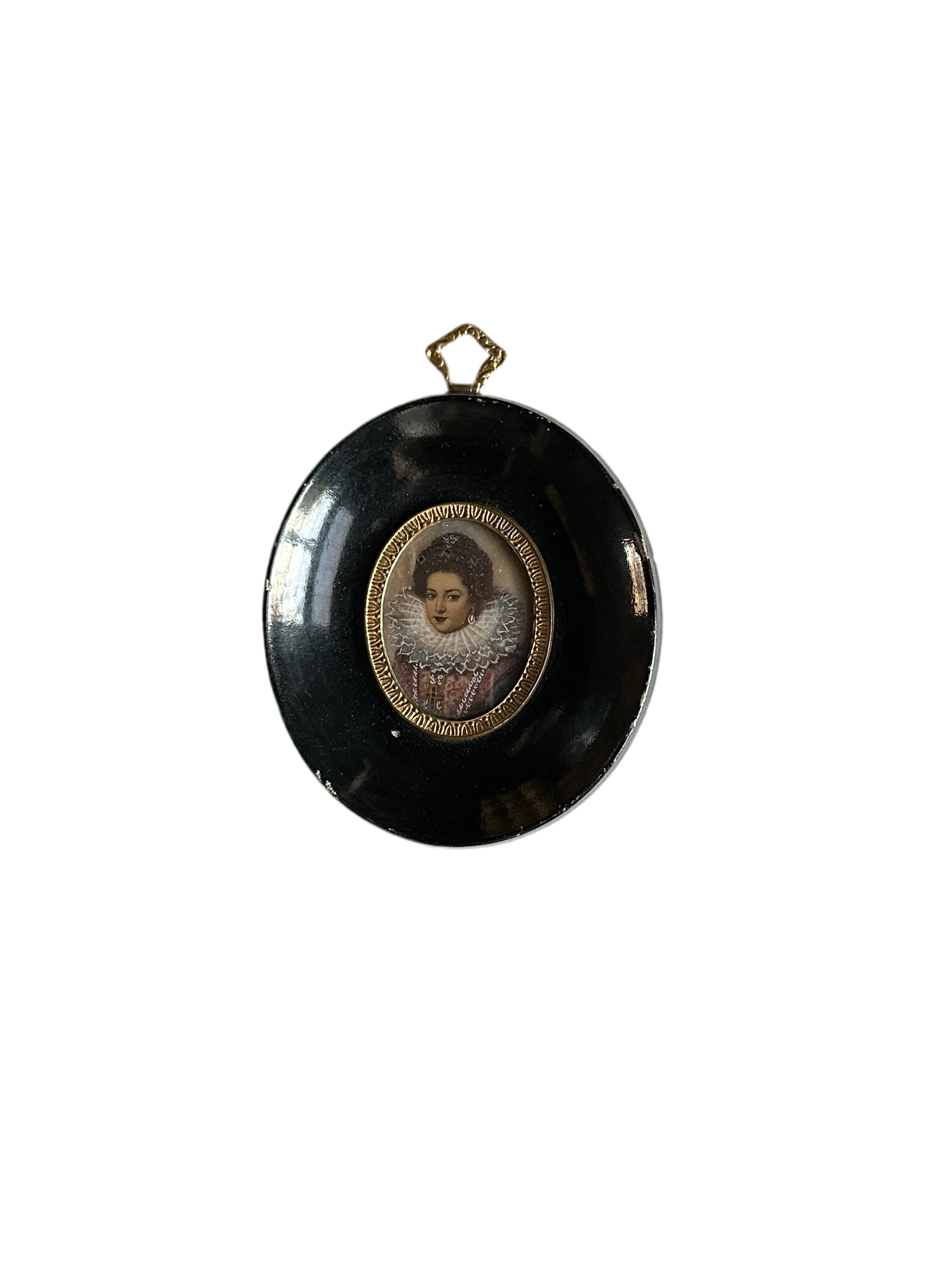 19th Century Hand Painted Miniature Portrait in Lacquered Frame