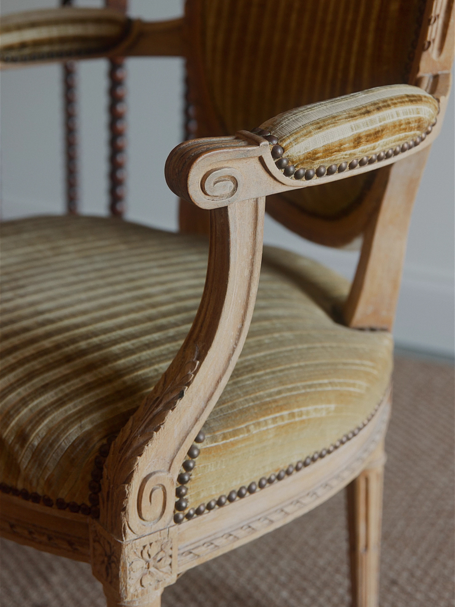 Pair of Louis XVI Revival Armchairs in Striped Velvet Upholstery