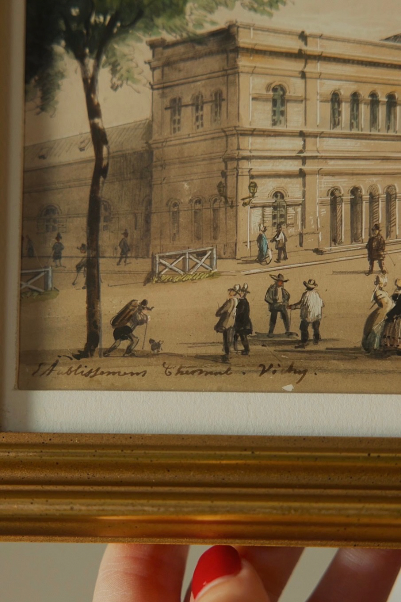“Vichy & Cusset, 1855” — Set of Three French Spa-Town Views Bearing the Signature of Louis Moullin, with Thermal Architecture, Garden Promenades & Period Figures, in Matching Gold-Finished Frames