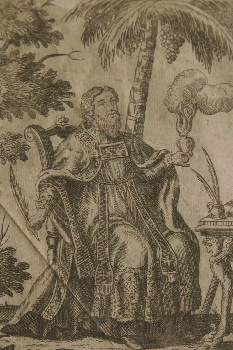 “Saint Augustin” — German Devotional Engraving Bearing Martin Engelbrecht’s Augsburg Publisher’s Imprint, with Flaming Heart, Bishop’s Crozier & Scholarly Books, in an Ornate Gold-Finished Frame