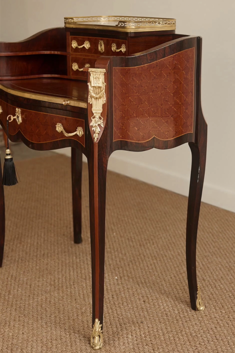 19th Century French Louis XV–Style Marquetry Writing Desk with Marble Gallery Top