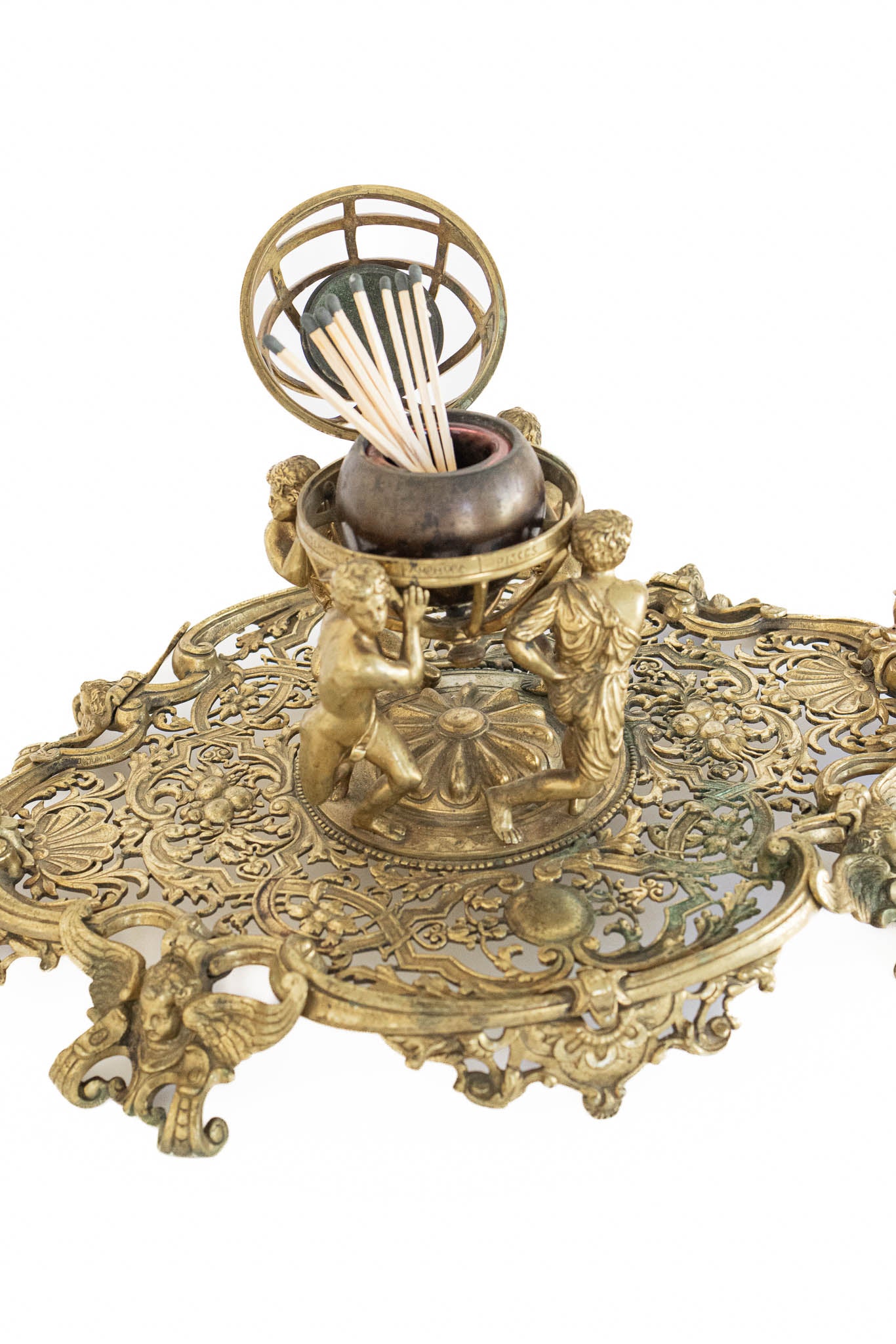 19th Century Gilded Globe Inkwell with Dual Candle Holders
