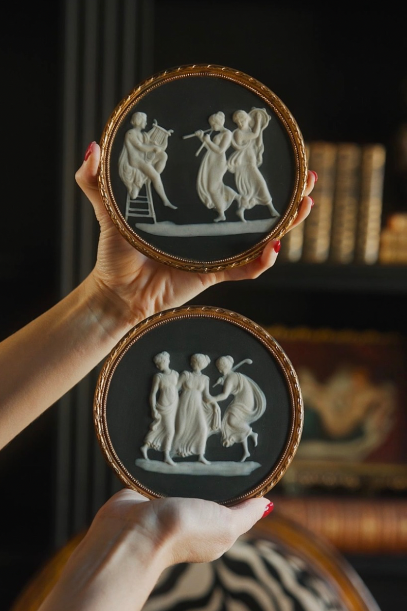 Pair of Vintage Mid-Century Neo-Classical Porcelain Plaques – Limoges Style Black & White Cameo Medallions in Gilt Frames