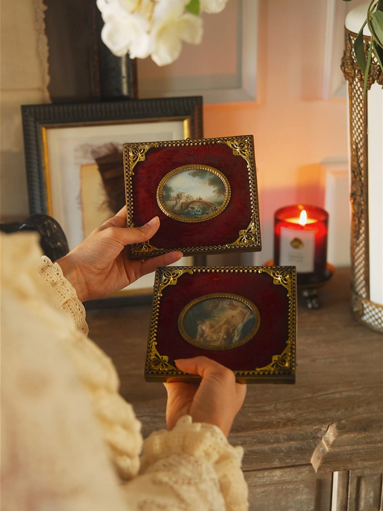 Pair of 19th-Century Style Miniature Paintings in Velvet Frames