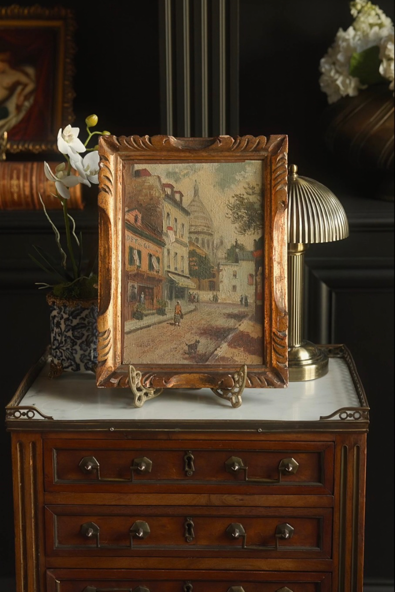 Signed French Montmartre Street Scene with the Basilica of Sacré-Cœur | Mid-20th Century Oil on Canvas in Carved Gilt Frame