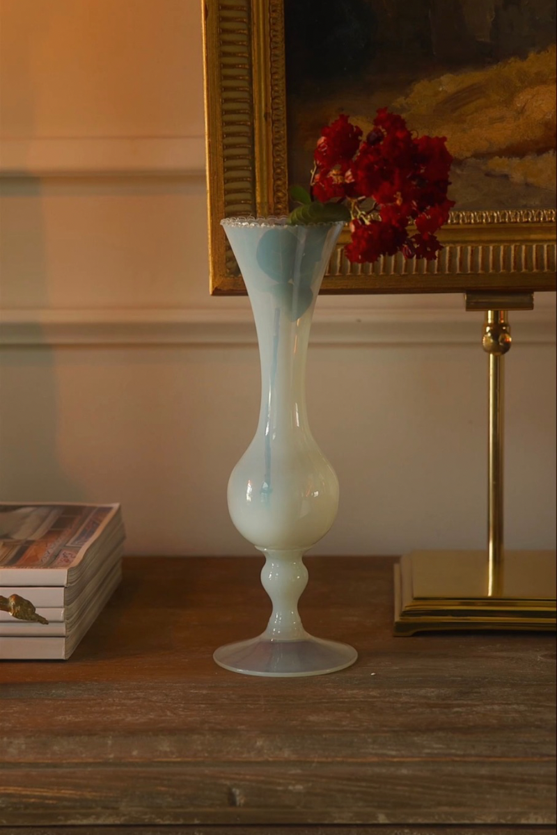 19th C. Singular French White Opaline Glass Trumpet Vase - Tall