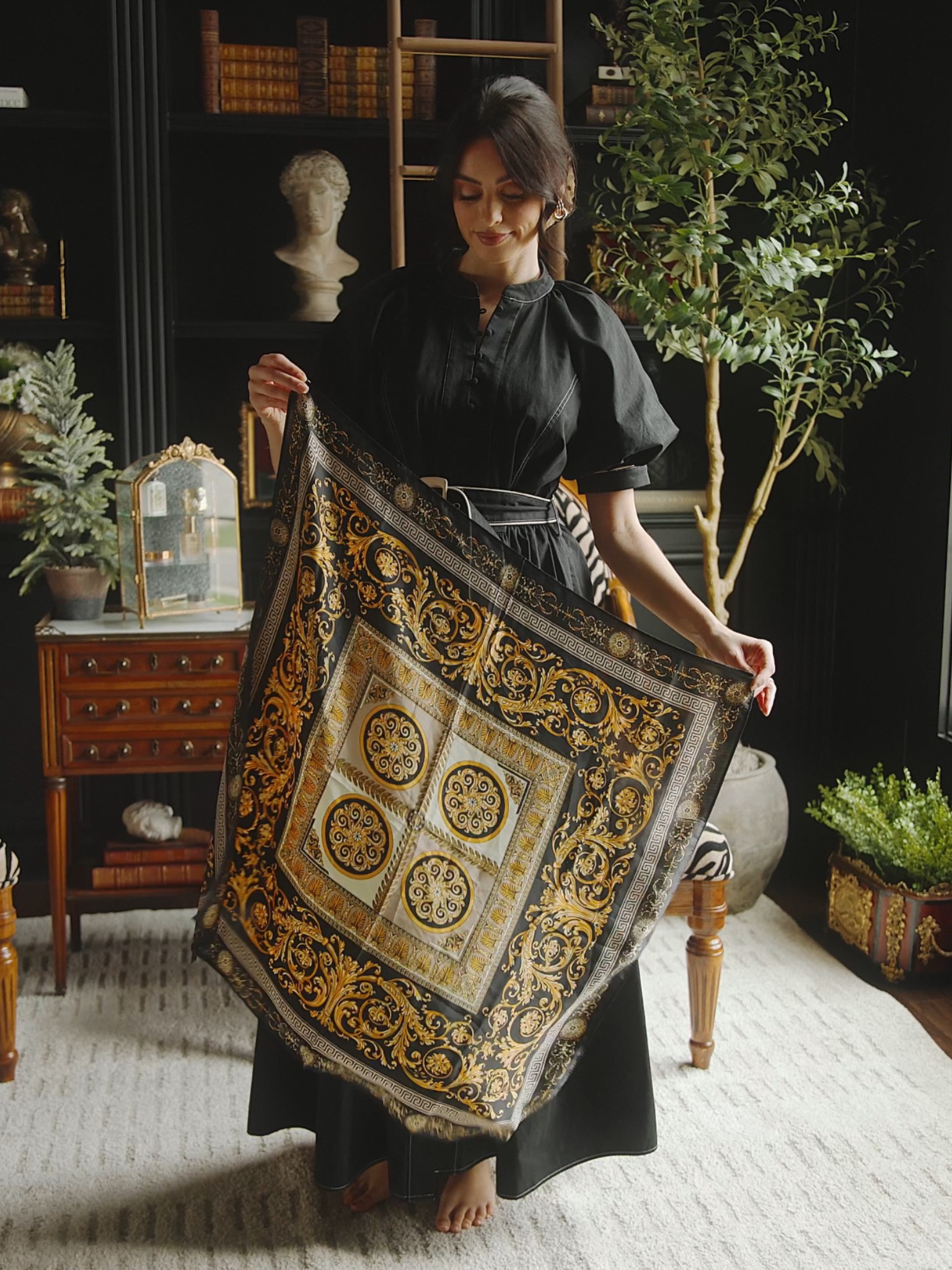 Vintage Baroque-Style Silk Scarf — Black & Gold Medallion Pattern