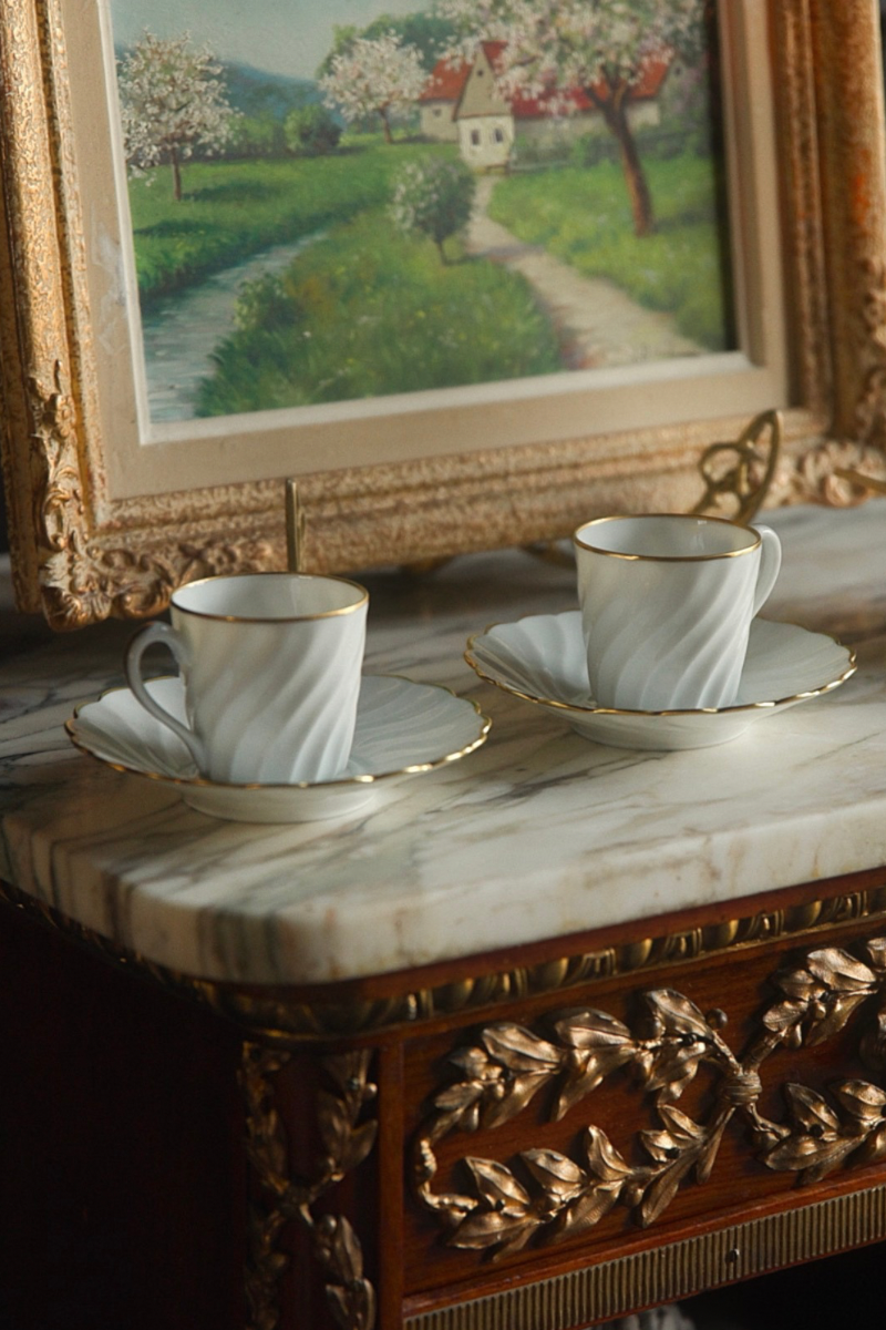 Vintage French White Porcelain Demitasse Cups and Saucer Pair with Gilt Trim