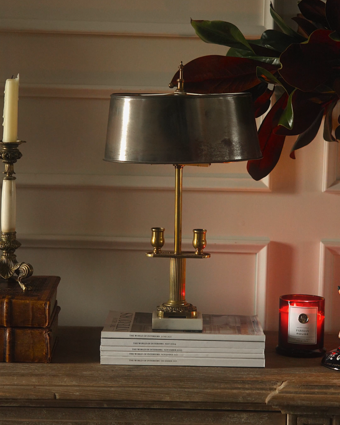 Early 20th Century French Brass & Marble Bouillotte Table Lamp with Metal Shade