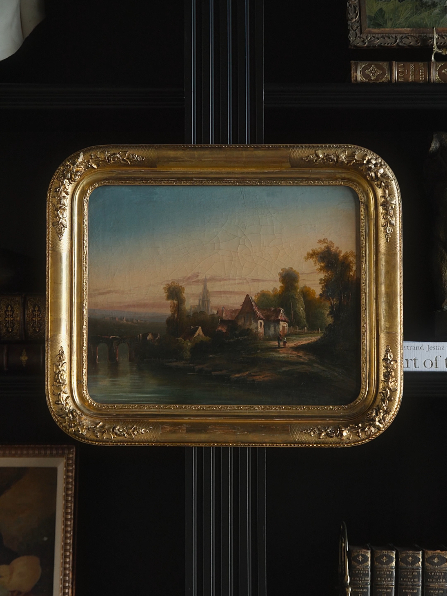 19th-Century European Landscape Oil Painting in Gilt Frame