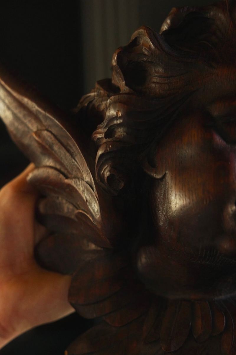 19th-Century French Hand-Carved Walnut Gothic Revival Angel Wall Fragment