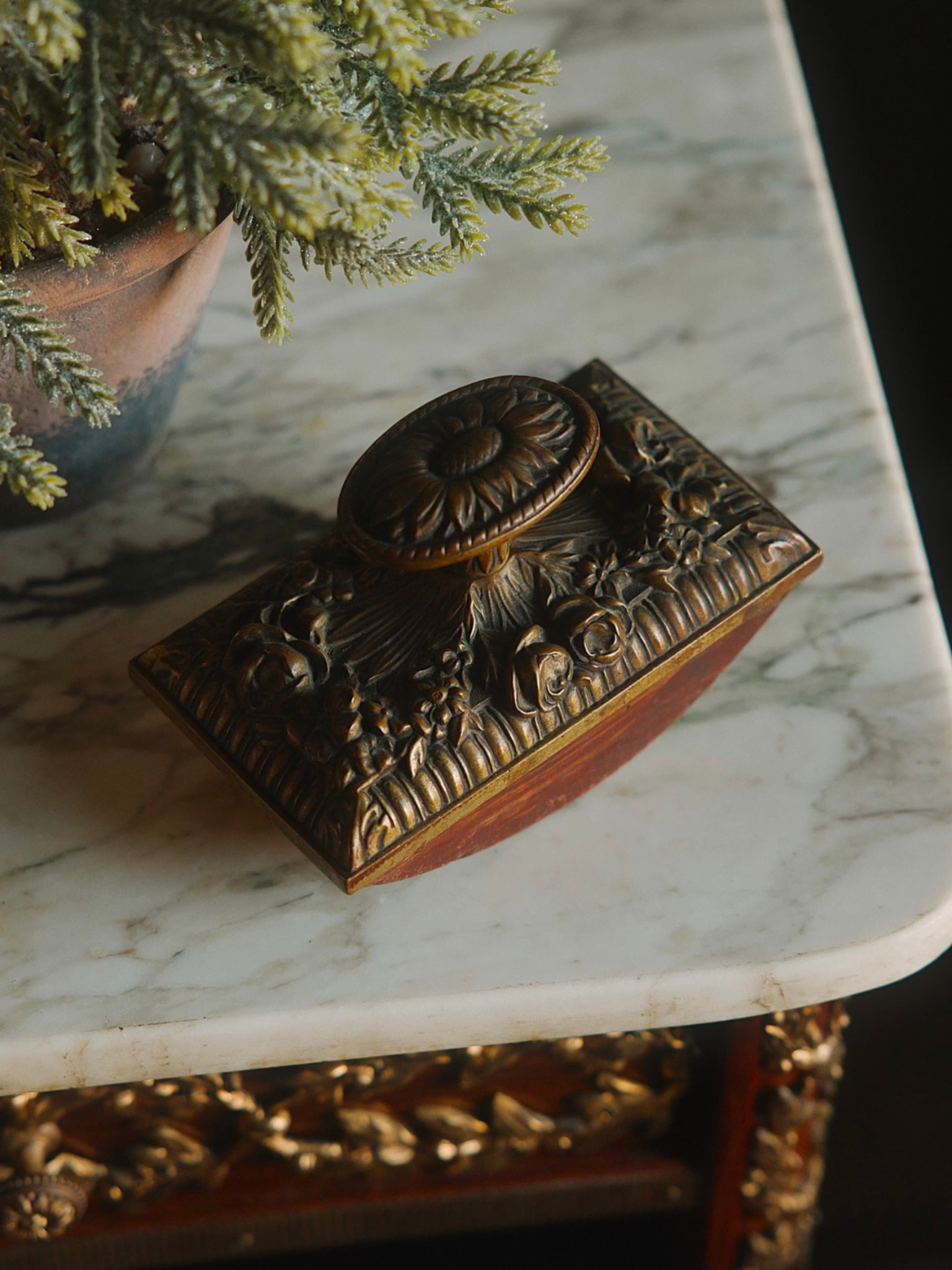 Antique French Gilt Bronze Blotter With Wooden Base