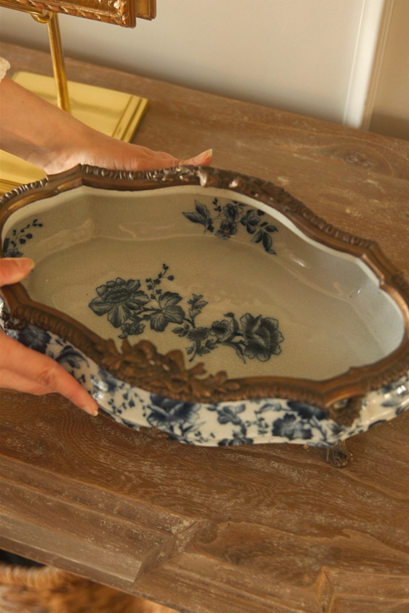 Porcelain Jardinière by Wong Lee, with Blue Transferware Decoration and Gilt Metal Mounts