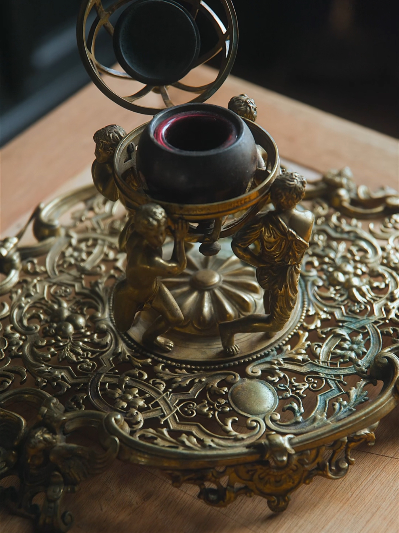 19th Century Gilded Globe Inkwell with Dual Candle Holders