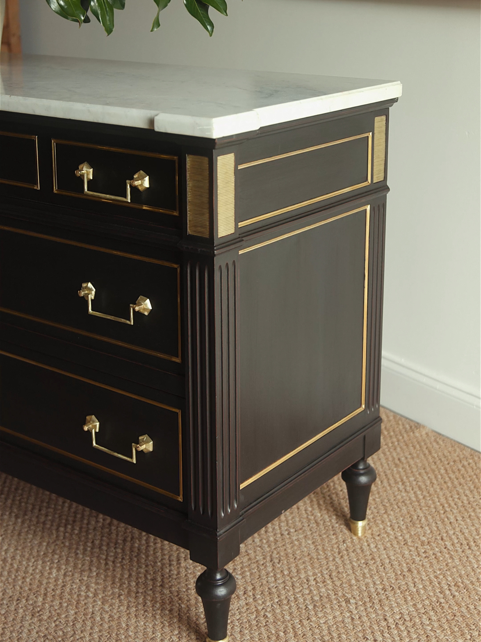 Louis XVI Style Black Lacquered Commode with Brass Trim & Carrara Marble Top