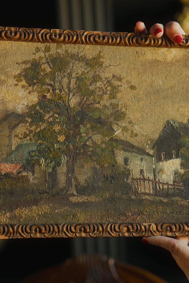 Village Courtyard Landscape Painting on Wood in an Ornamental Frame