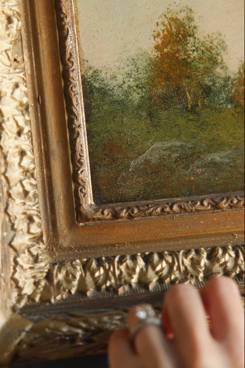 Late 19th C. Continental Landscape with Figure Oil on Board Depicting Wooded Path W/ Distant Figure | Housed In Period Gilt Frame
