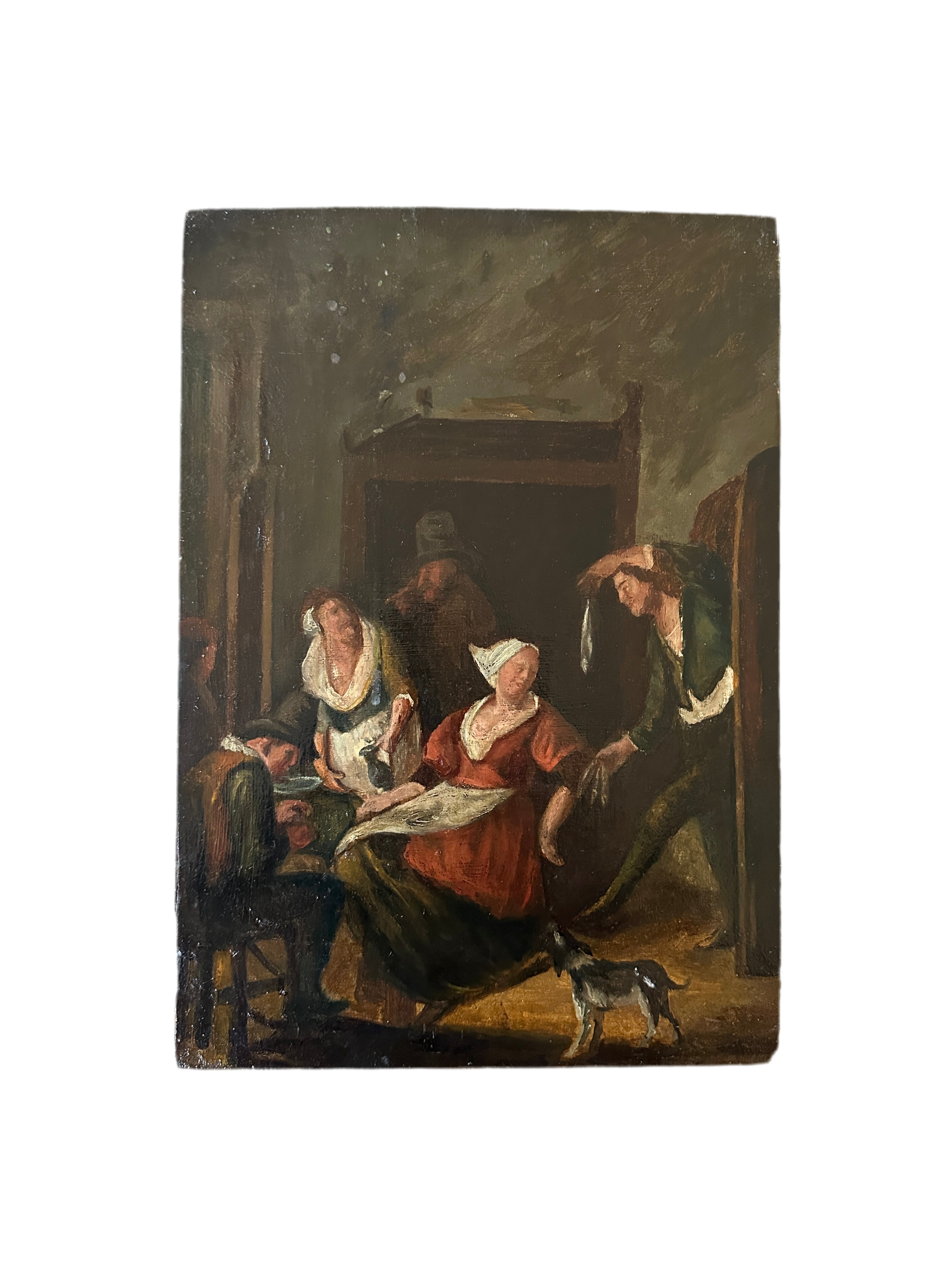 1800s Oil on Wood Reproduction of Jan Havicksz Steen's "The Gallant Offer". Originally Painted between 1625-1679.