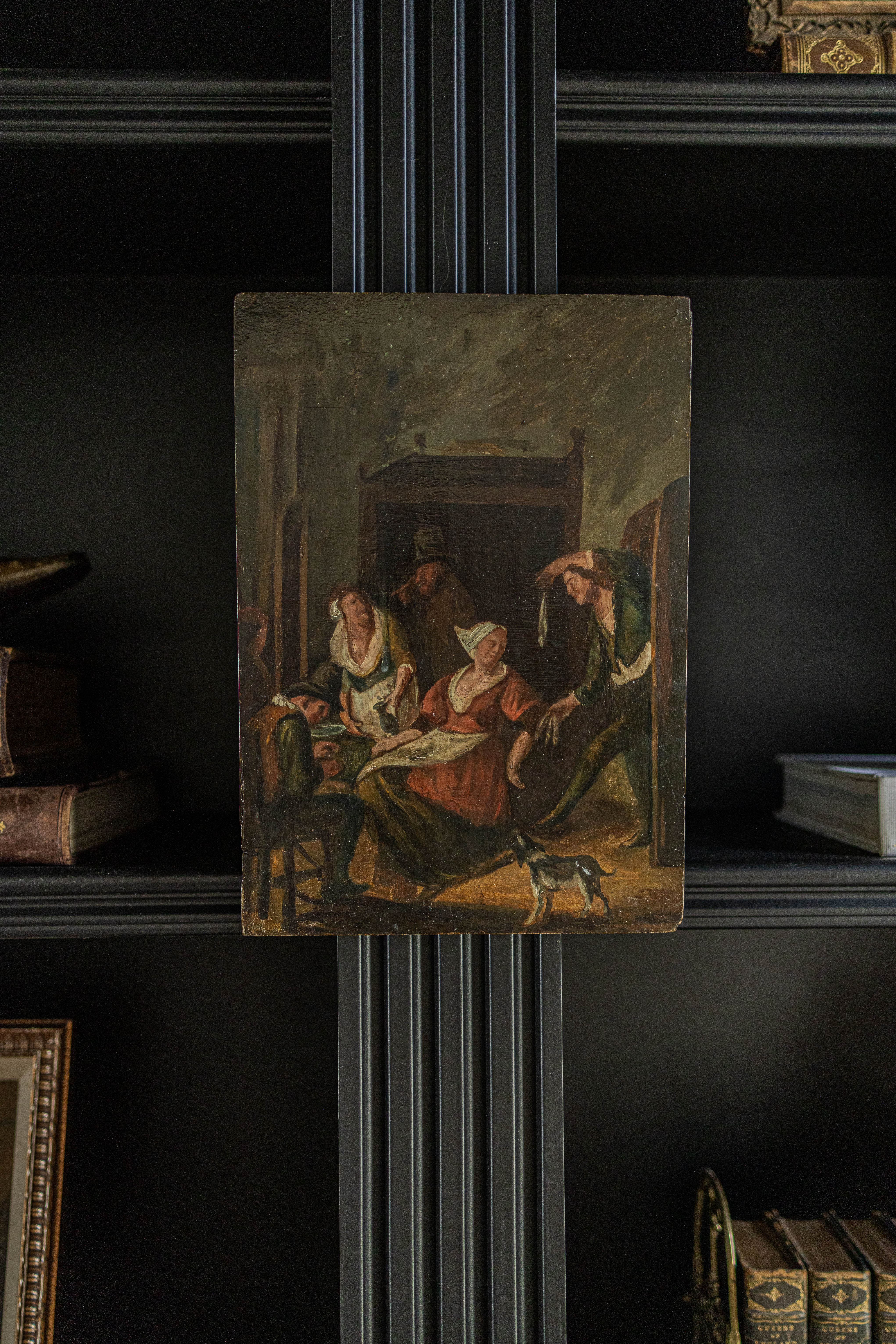 1800s Oil on Wood Reproduction of Jan Havicksz Steen's "The Gallant Offer". Originally Painted between 1625-1679.