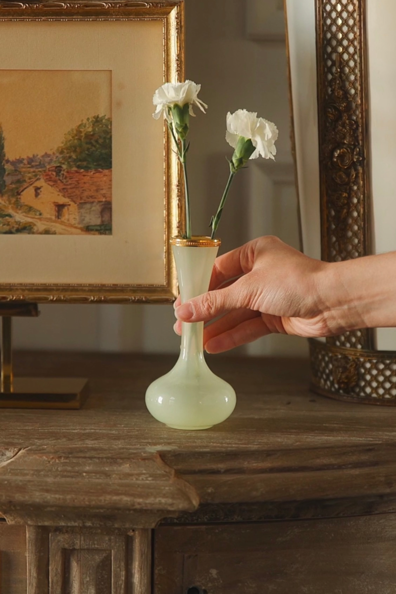 French Opaline Glass Bud Vase with Gilt Rim - Pale Green