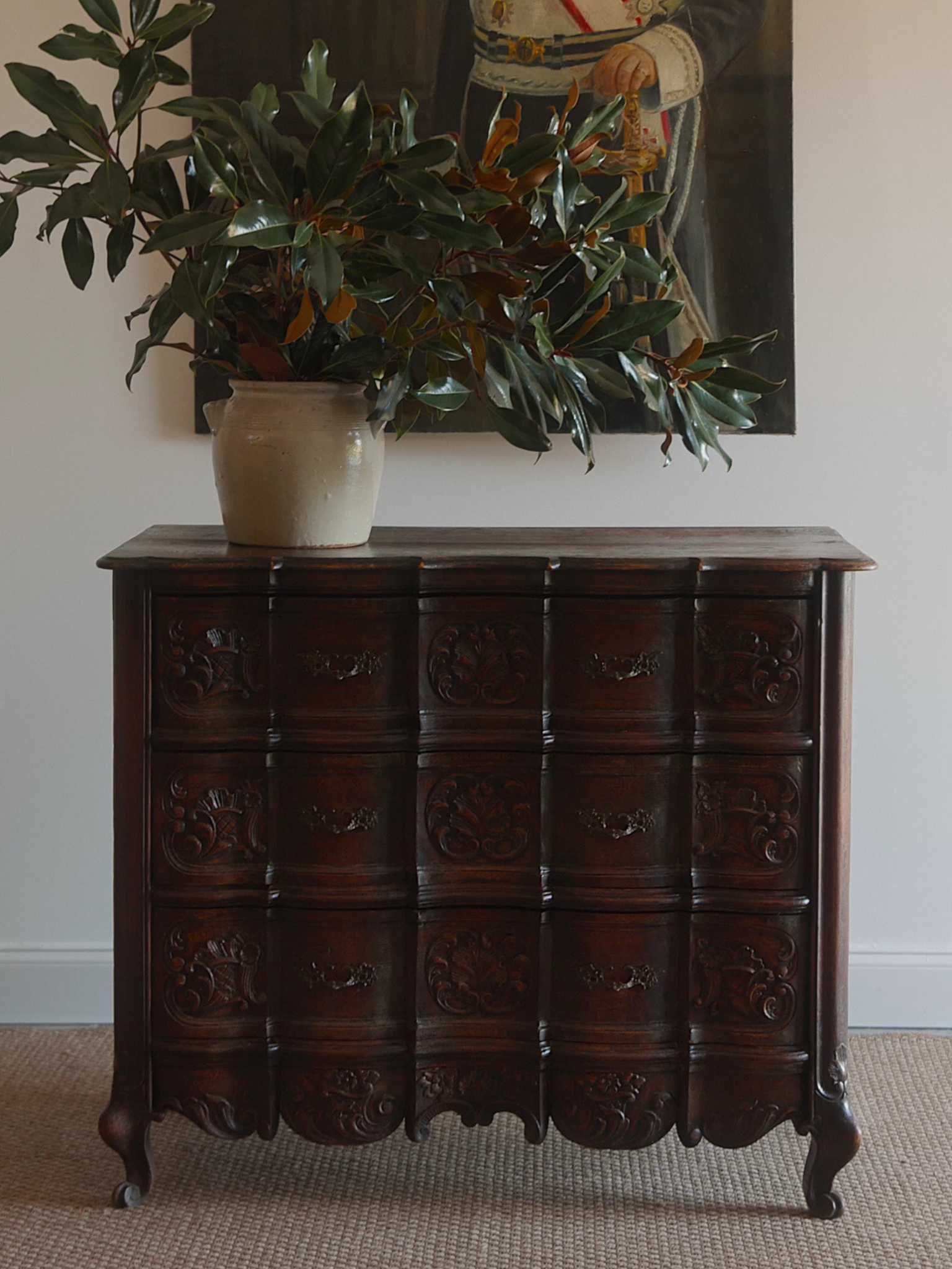French Rococo Revival Commode with Floral Carvings and Cabriole Legs