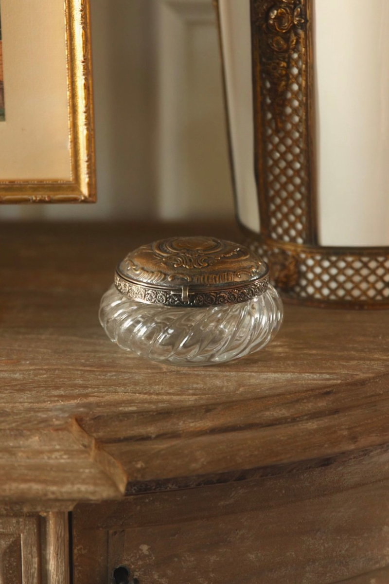 French Cut Crystal & Repoussé Silverplate Vanity Box with Hinged Lid