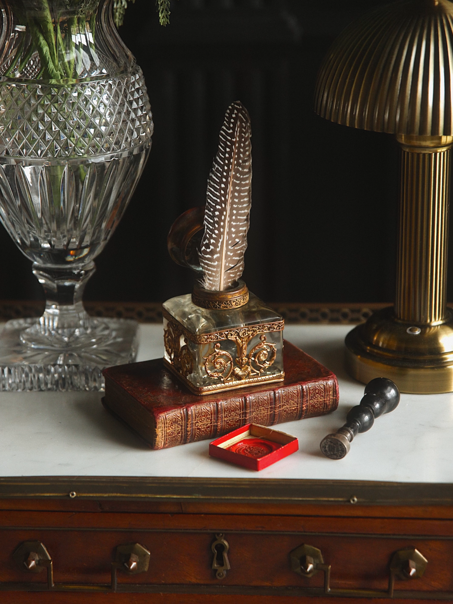 Antique 19th Century Cut Glass and Gilded Bronze Inkwell