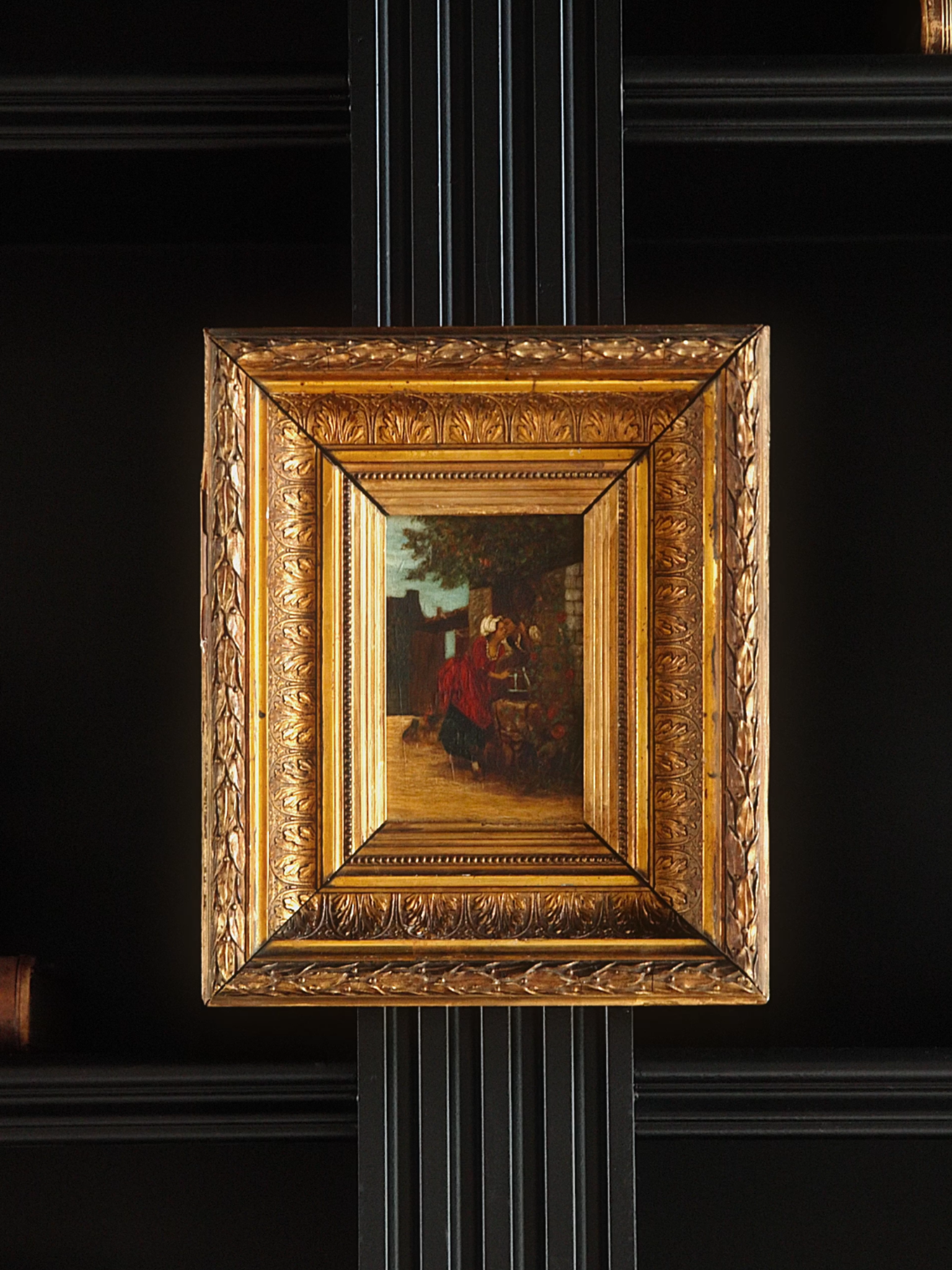 19th Century Antique French Gilded Genre Painting - Courtyard Conversation