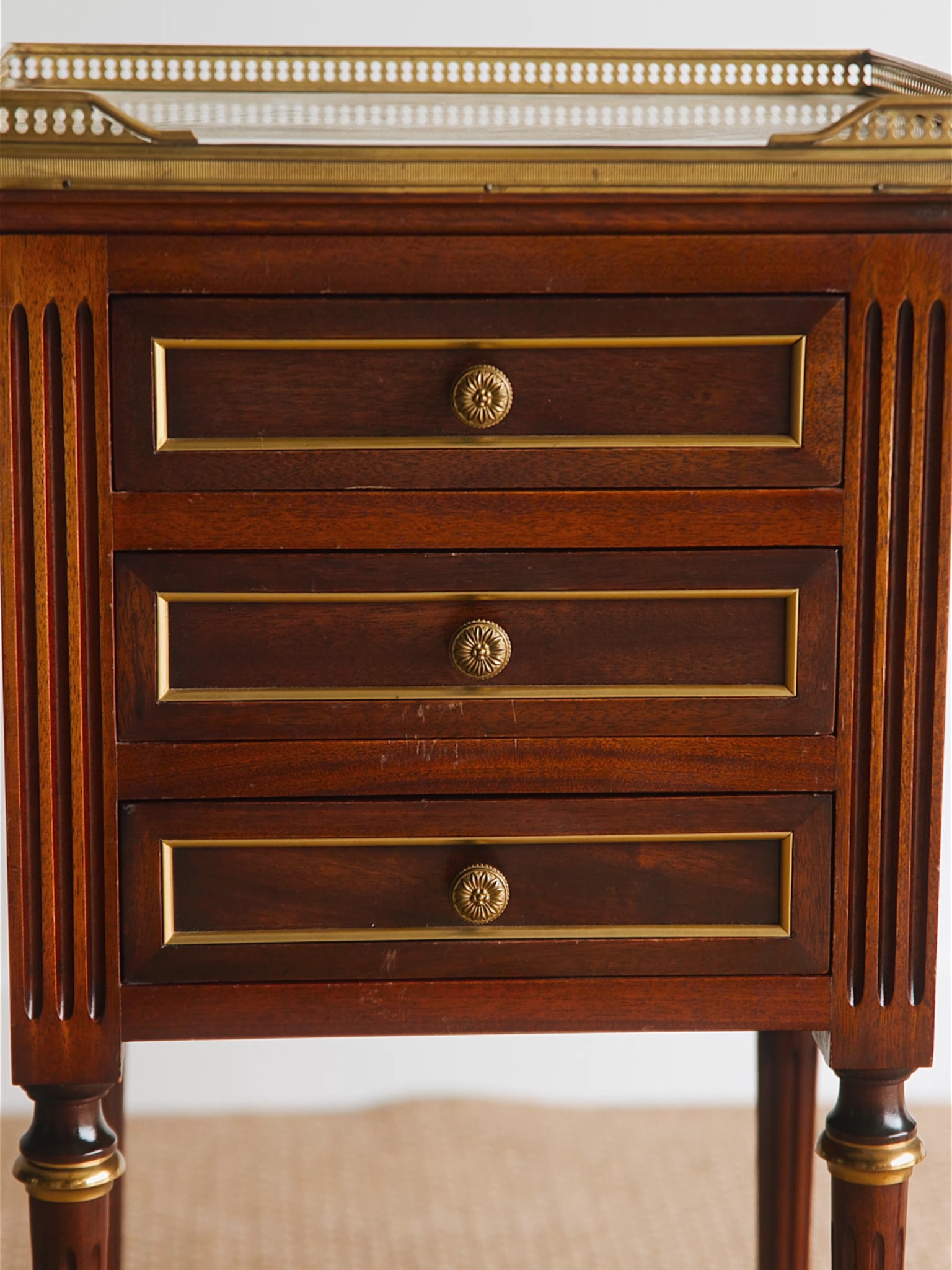 Pair of French Louis XVI–Style Nightstands With Marble Tops