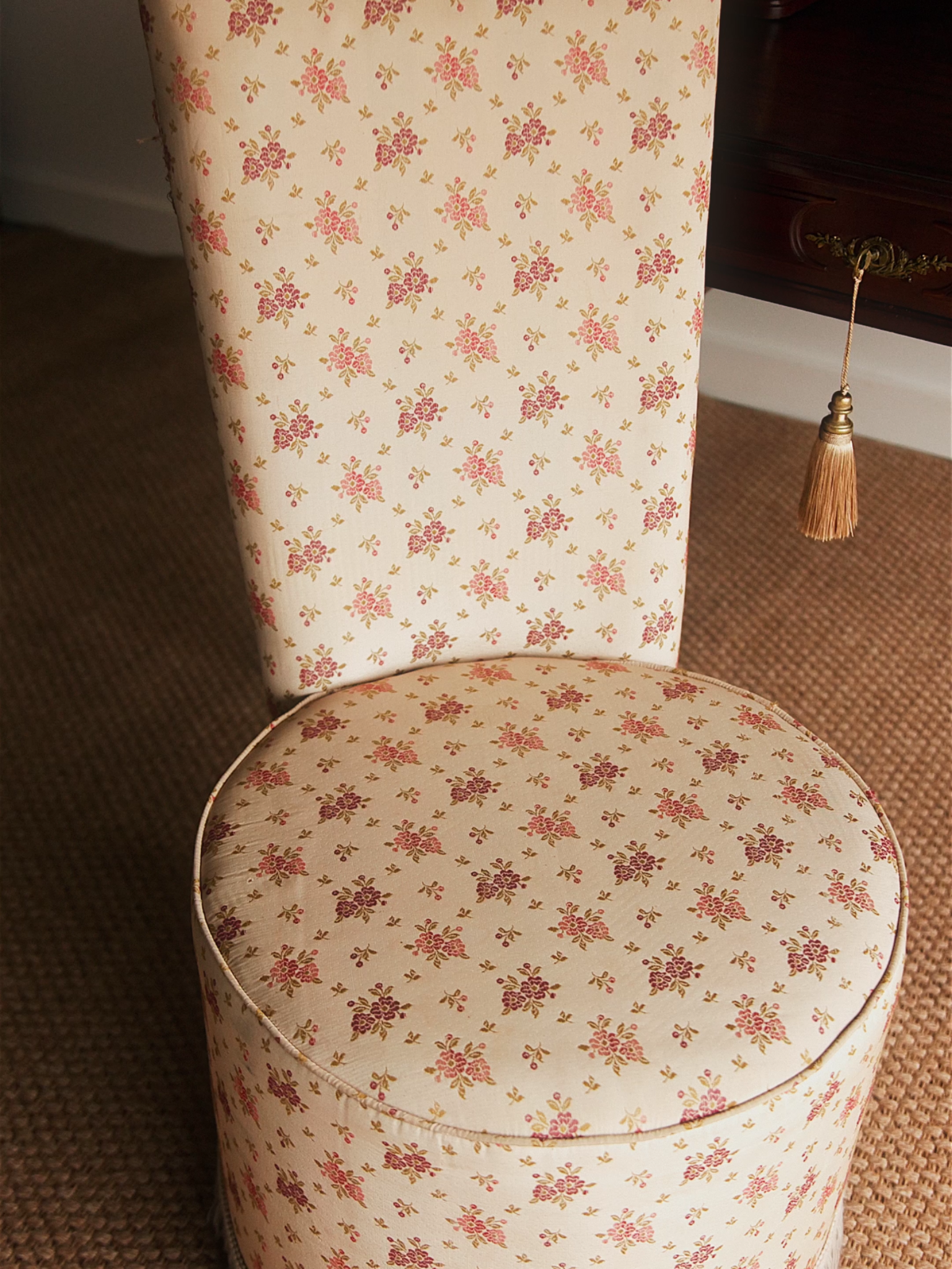 French Trifold Mirrored Vanity With Bronze Accents & Upholstered Chair