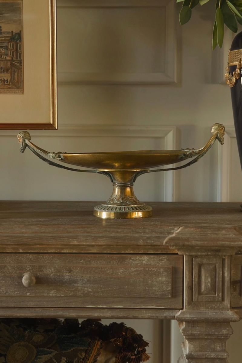 19th C. French Grand Tour Neoclassical Bronze Tazza with Classical Face Handles
