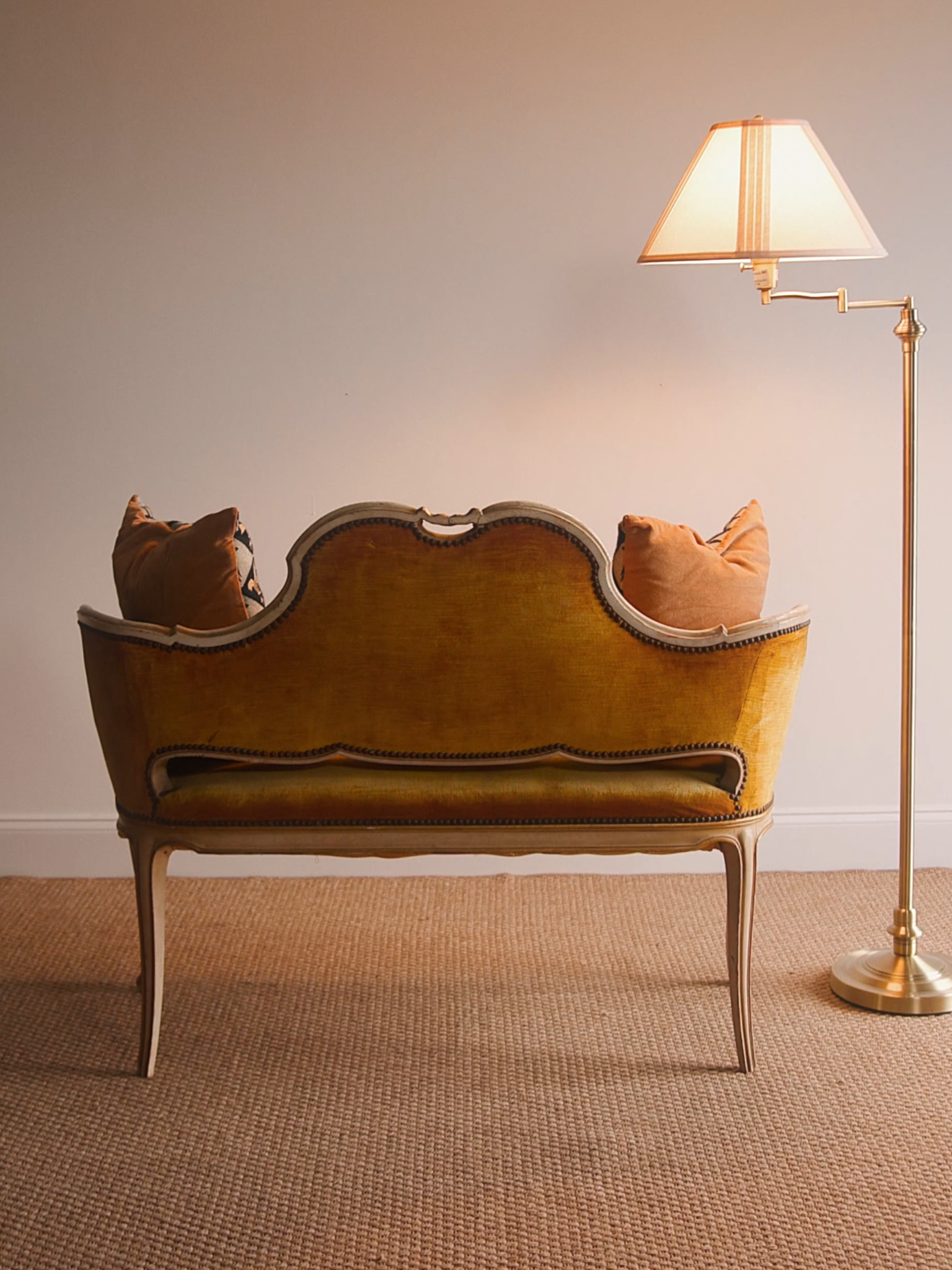 Petite French Settee in Golden Velvet