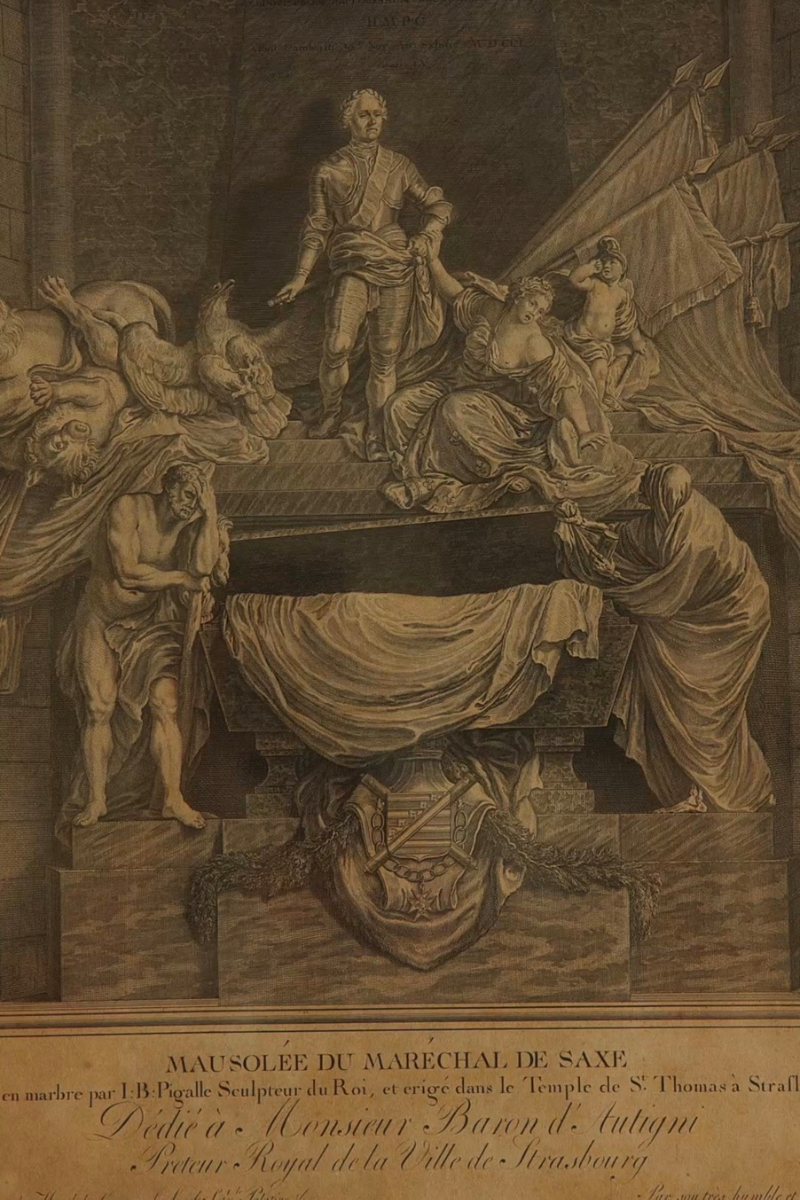 “Mausolée du Maréchal de Saxe” — Etching & Engraving by Christian de Mechel after Jean-Baptiste Pigalle’s Strasbourg Monument, Published in Basel, in a Gold-Finished Beaded Frame