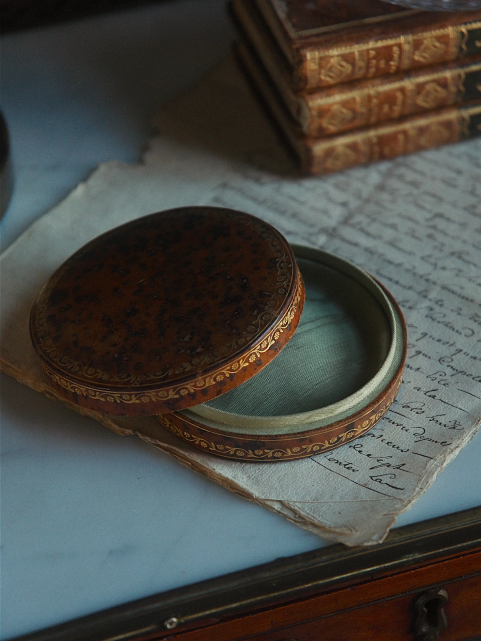 Gilt Leather Trinket Box with Silk Interior