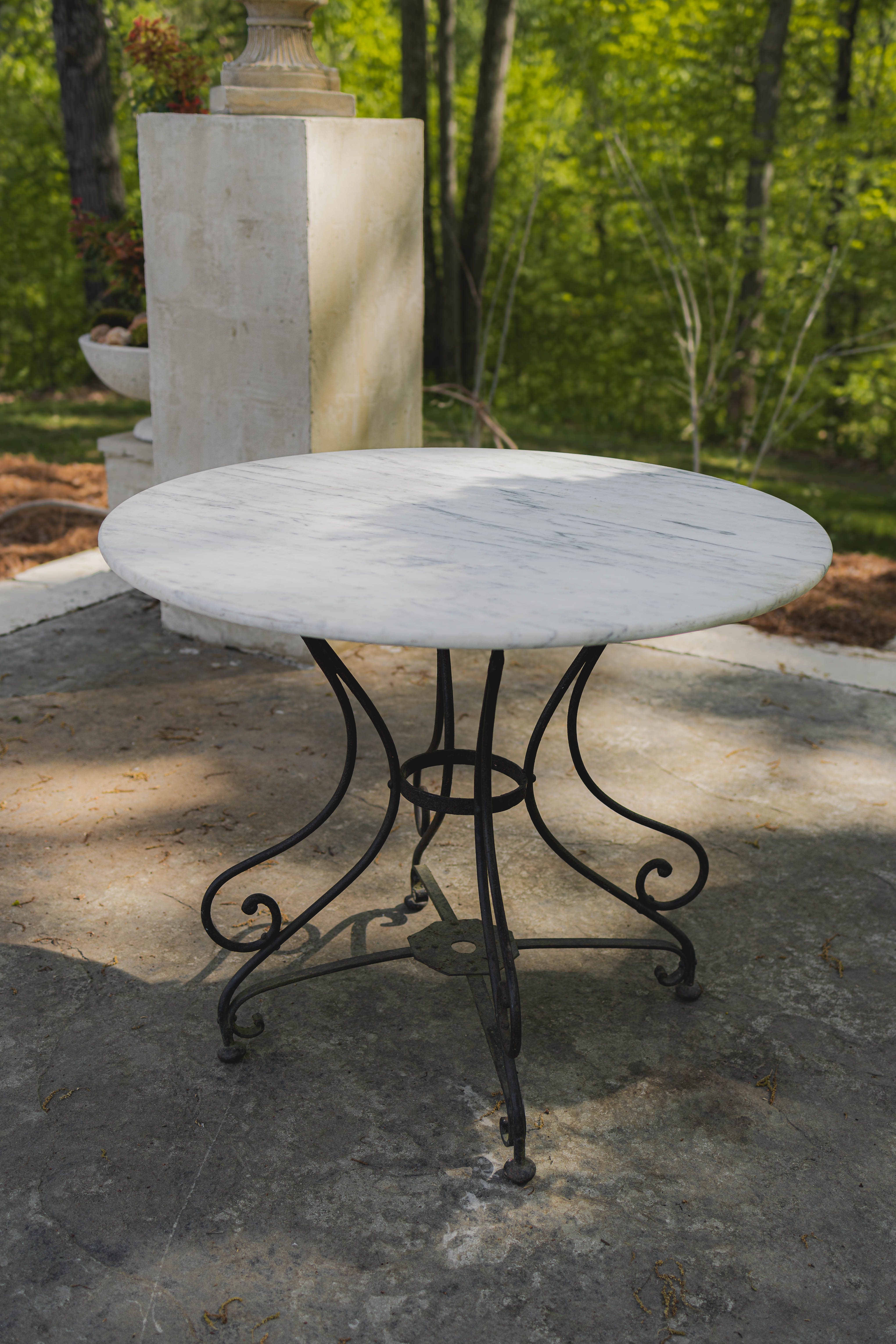 French Marble Top Garden Table with Scroll Iron Base