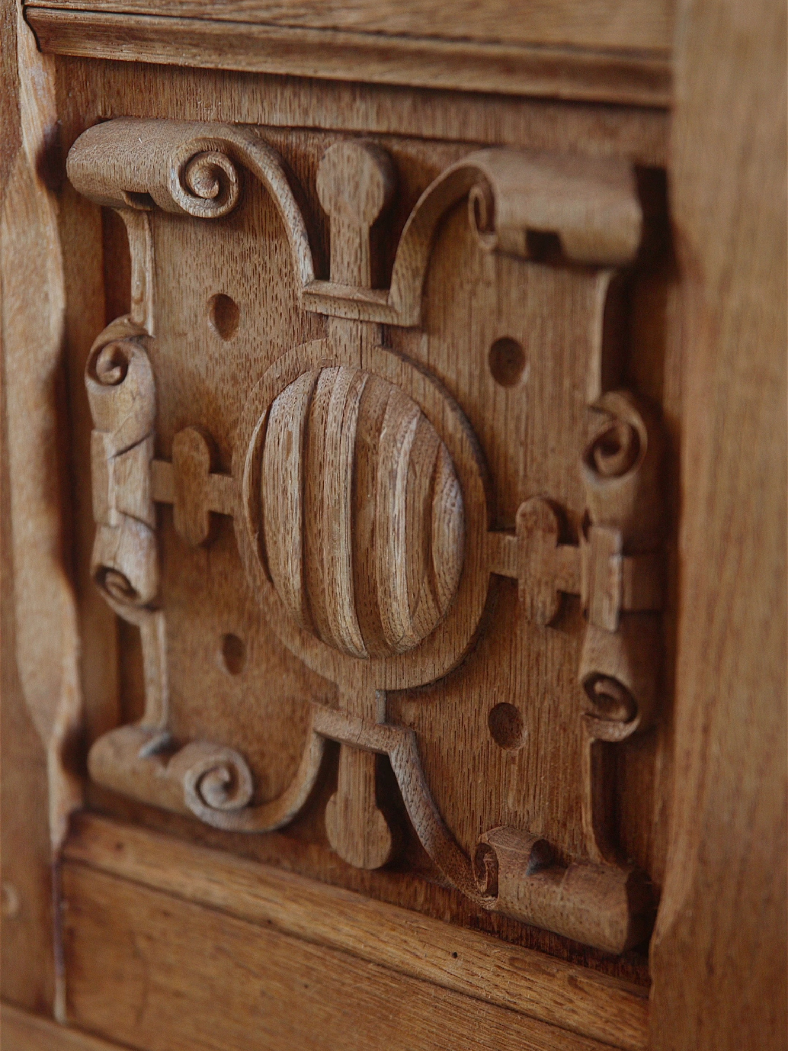 Spanish Renaissance Revival Carved Oak Sideboard with Original Key