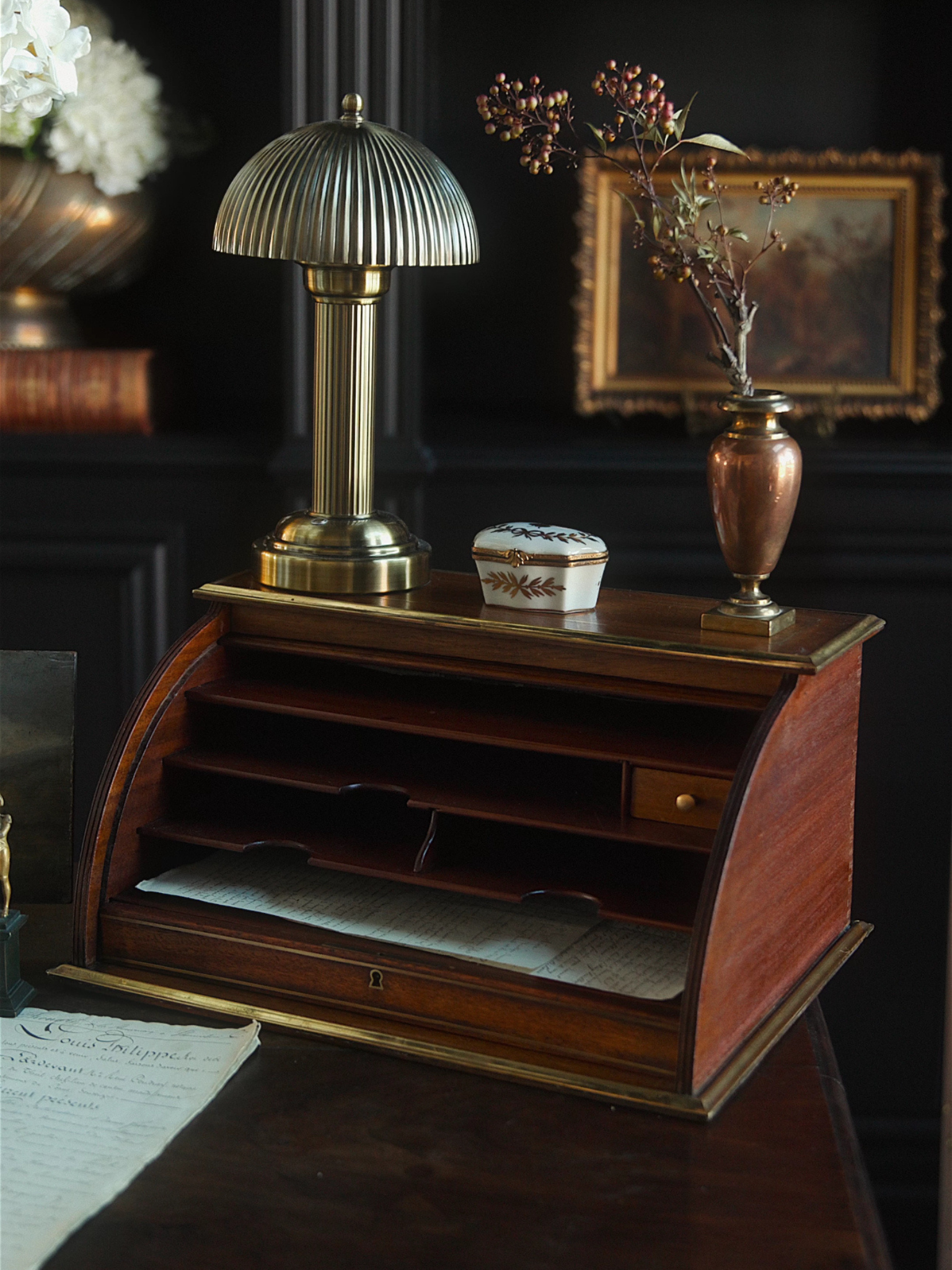 19th-Century French Brass-Banded Mahogany Roll-Top Desk Organizer