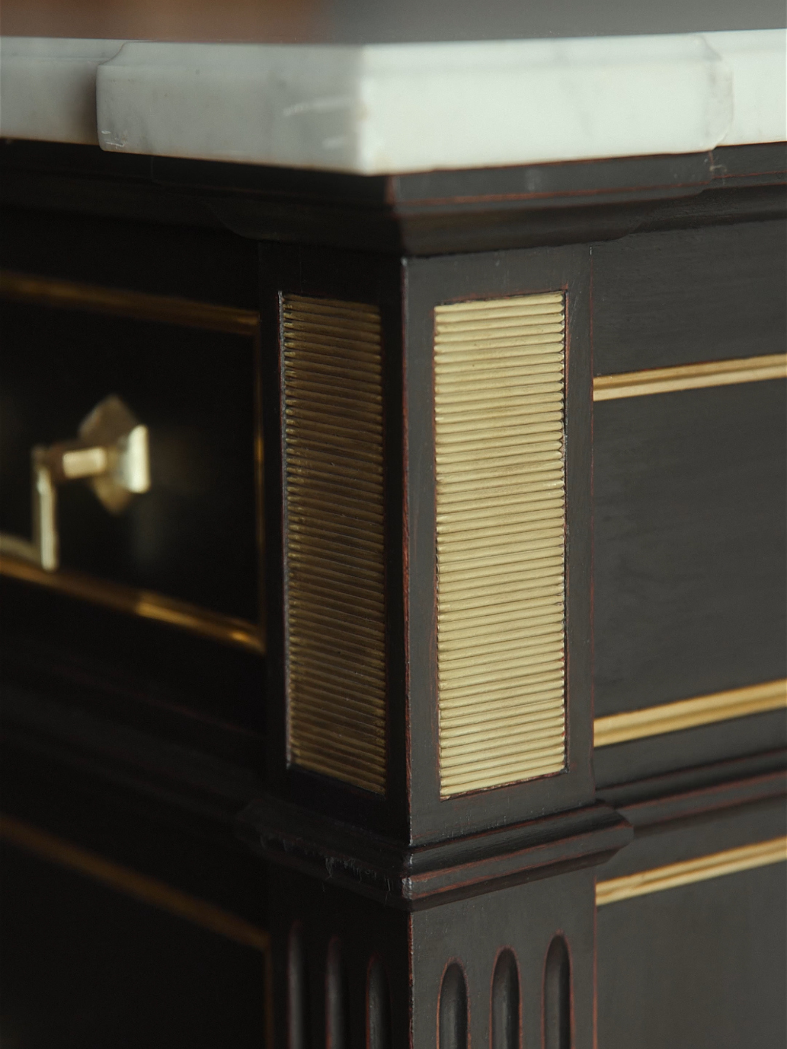Louis XVI Style Black Lacquered Commode with Brass Trim & Carrara Marble Top