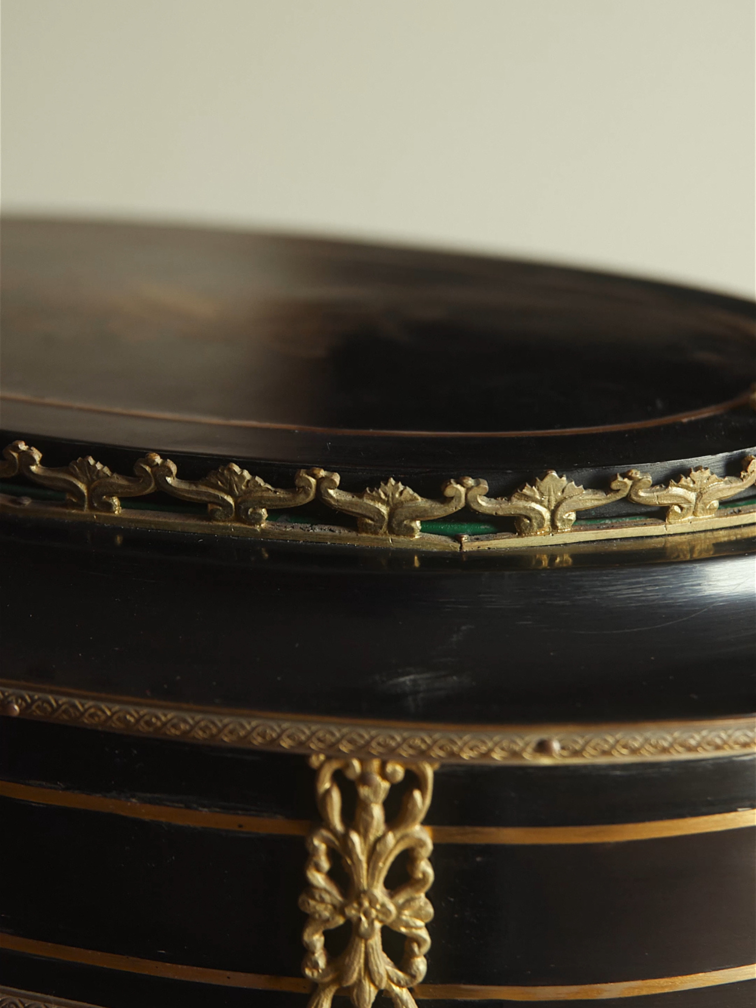 French Napoleon III Ebonized & Gilt Bronze Marquetry Jardinière Table with Original Green Liner