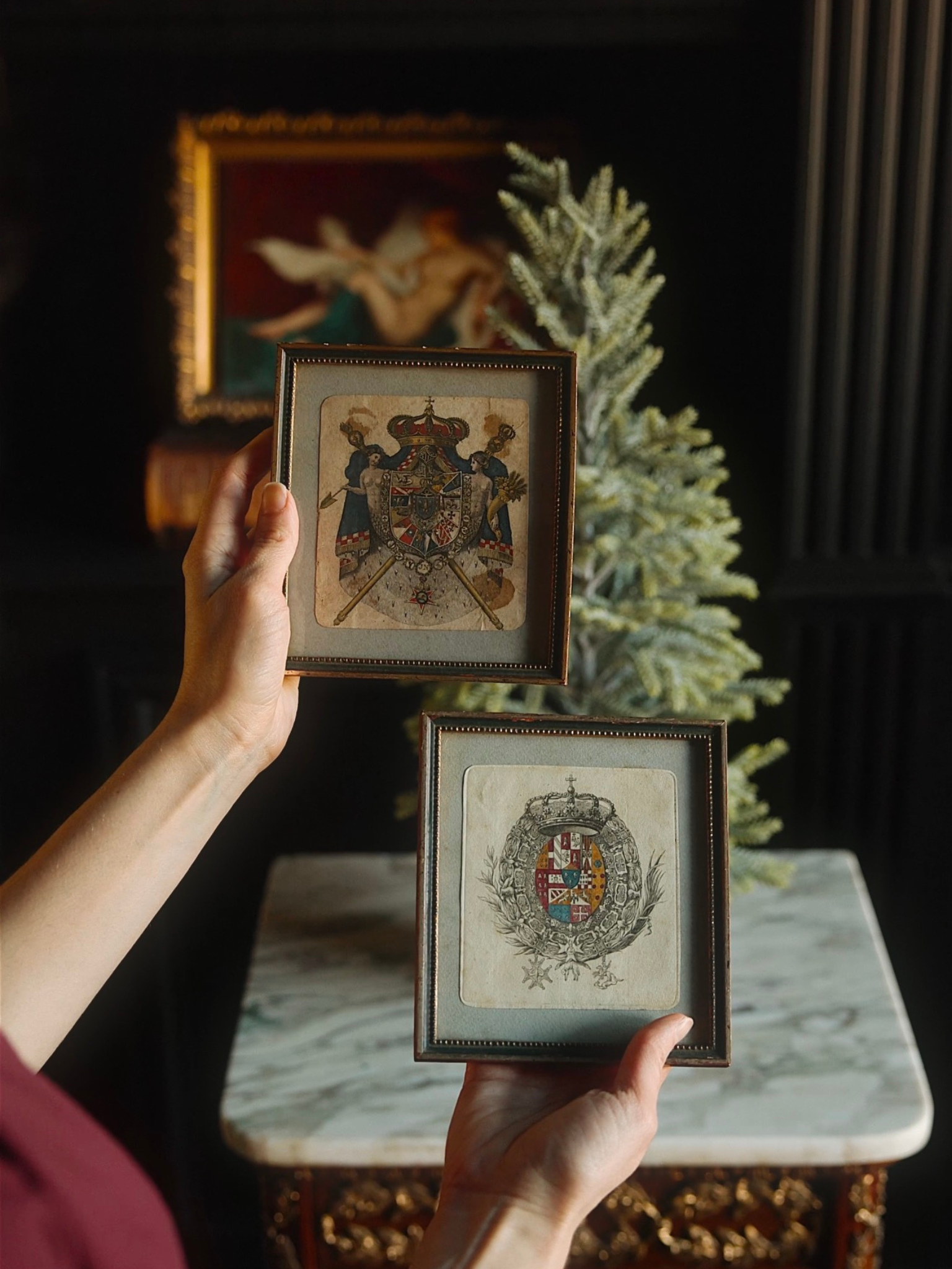 Pair of 19th-Century European Hand-Colored Heraldic Engravings
Framed Royal Coat-of-Arms Studies