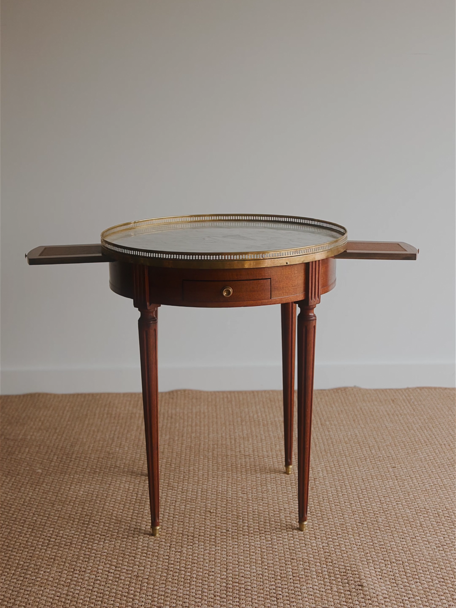 French Louis XVI–Style Bouillotte Table With Marble Top, Brass Gallery & Leather Slide-Outs
