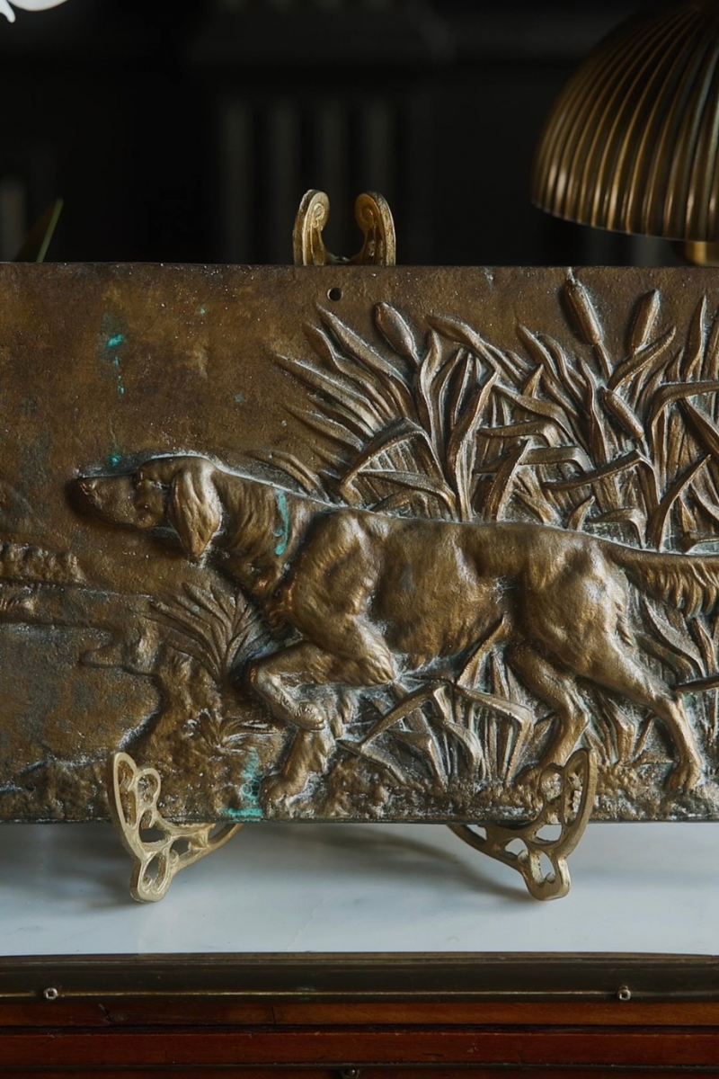 Antique French Bronze Hunting Dog Bas-Relief Plaque