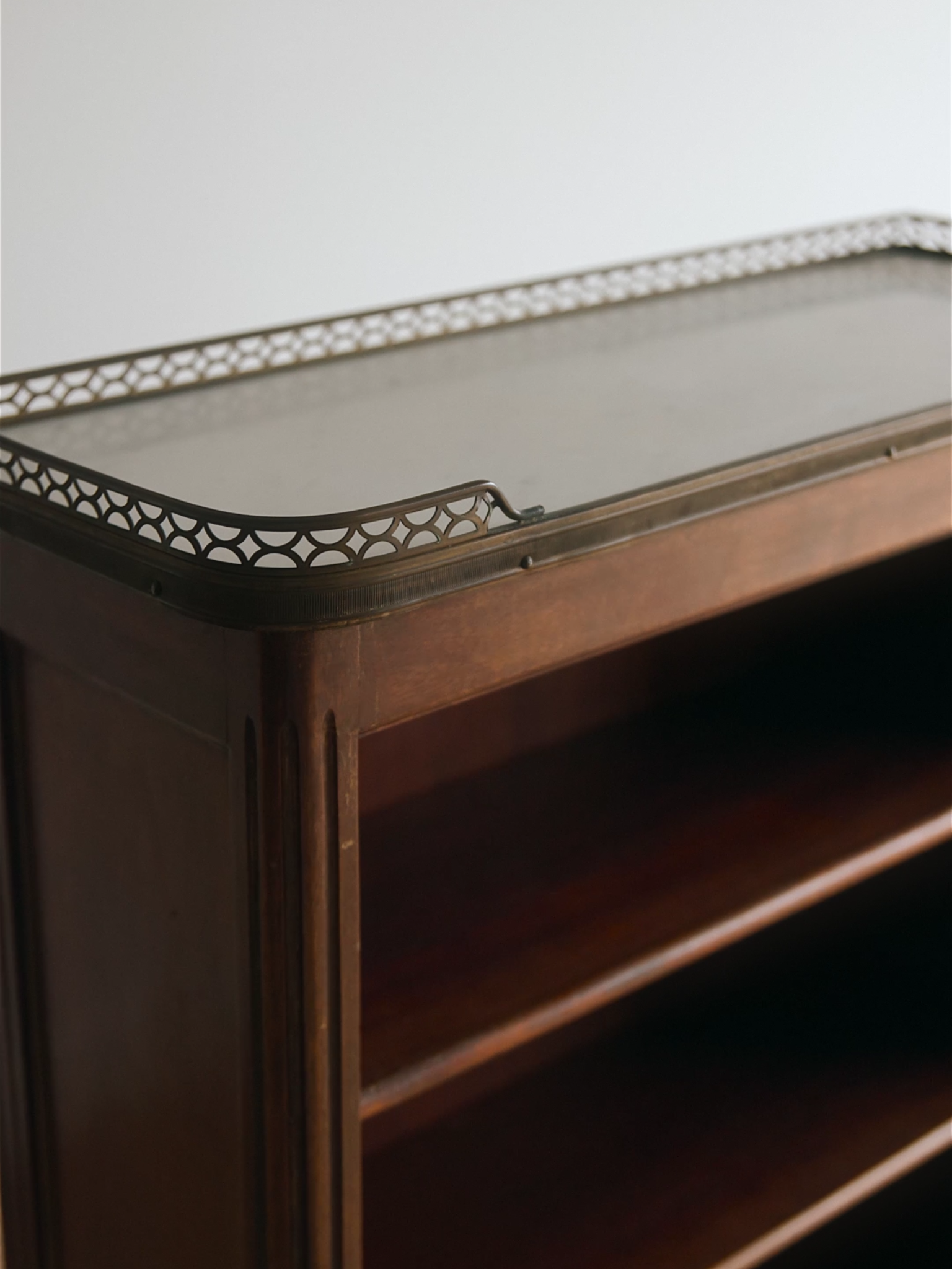 Pair of French Louis XVI–Style Mahogany Pier Cabinets With Marble Tops & Brass Galleried Rims