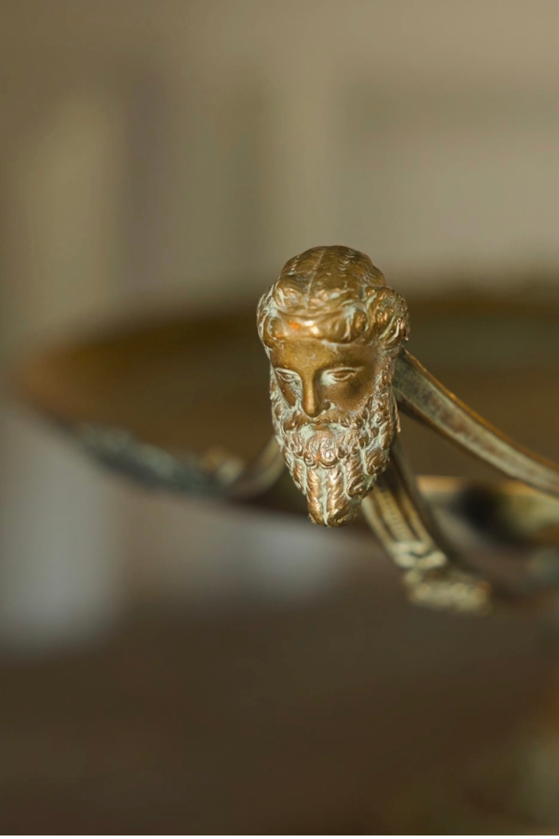 19th C. French Grand Tour Neoclassical Bronze Tazza with Classical Face Handles